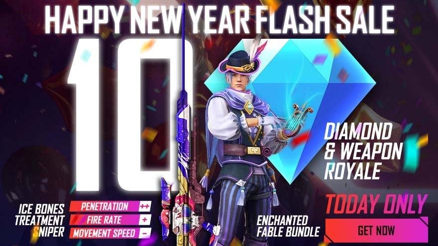 Garena Free Fire Happy New year Sale Get Weapon Royale and diamond Royale at 10 Diamonds